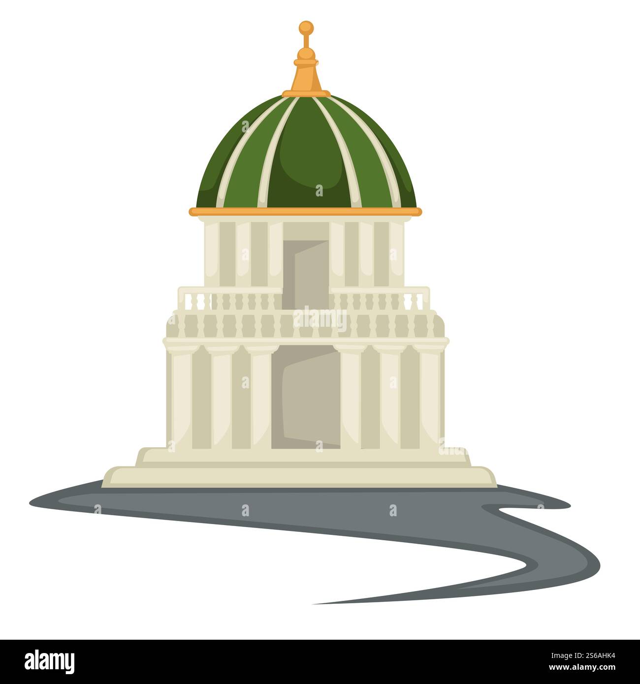 Torre o tempio con cupola e guglie dorate edificio in stile rinascimentale, balcone vettoriale e colonne, storia antica, edificio storico, architettura e oggetti isolati nella storia dell'arte. Edificio in stile rinascimentale, torre o tempio con cupola e guglia Illustrazione Vettoriale