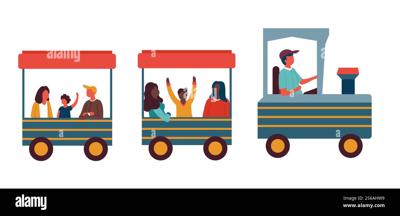 I bambini in locomotiva con i genitori si allenano nel parco divertimenti, attrazione per bambini, intrattenimento per il fine settimana con la famiglia e trasporto bambini che si divertono con l'autista o la carrozza o il carro. Allenati nel parco divertimenti per bambini, attrazione per bambini in locomotiva Illustrazione Vettoriale
