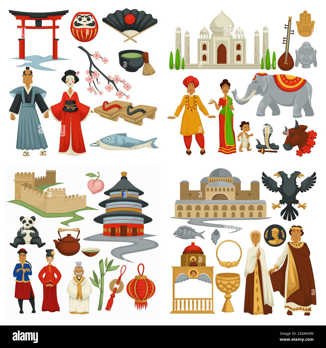 Cina e Giappone India e Bisanzio viaggiano cultura e storia geisha vettoriale e samurai uomini e donne Taj Mahal e torii Gate capitol Building e Great Wall Landmarks e nazionalità del patrimonio culturale. Viaggio culturale e storico Cina e Giappone India e Bisanzio Illustrazione Vettoriale
