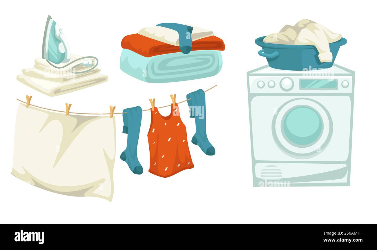 Lavanderia lavatrice e vestiti puliti nella linea di asciugatura di lavandini e ferro vettoriale servizio di lavanderia automatica elettrodomestici, pulizia di pulizia e igiene domestica, abbigliamento e biancheria da lavoro. Lavatrice e ferro da stiro, linea di lavanderia e asciugatura oggetti isolati Illustrazione Vettoriale