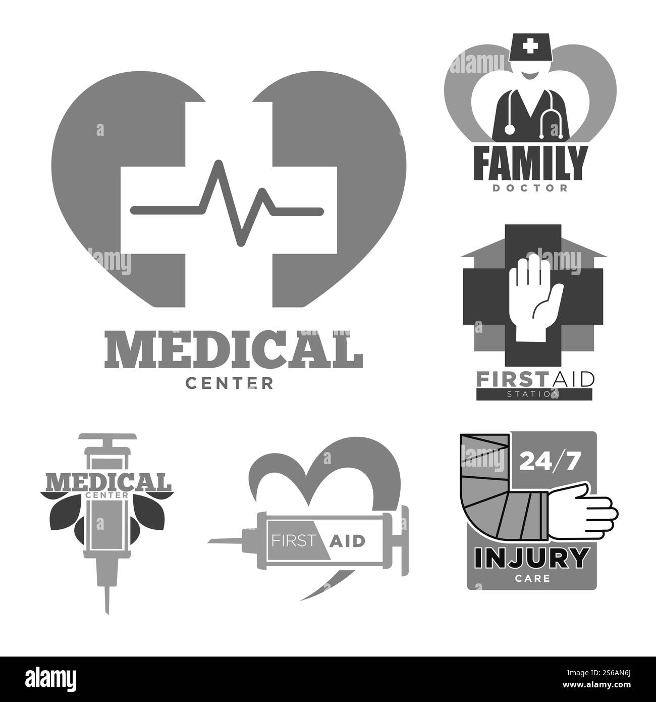 Centro medico medico di famiglia e pronto soccorso o cura delle lesioni icone isolate aiuto vettoriale e assistenza sanitaria e medica emergenza e urgente, trattamento emblema monocromatico o logo servizio ospedaliero. Pronto soccorso o assistenza alle lesioni, centro medico e medico di famiglia, icone isolate Illustrazione Vettoriale