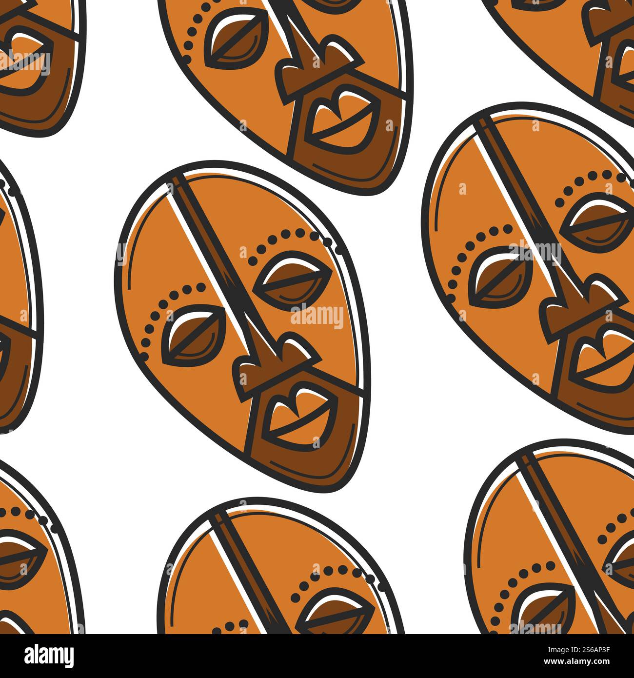 Simbolo africano maschera totem in legno viaggio in Sud Africa motivo vettoriale senza cuciture rituale tribale copertina decor viaggi e turismo texture infinita cultura esotica e tradizioni stampa di carta da parati. Viaggio in Sud Africa totem maschera senza cuciture modello Illustrazione Vettoriale