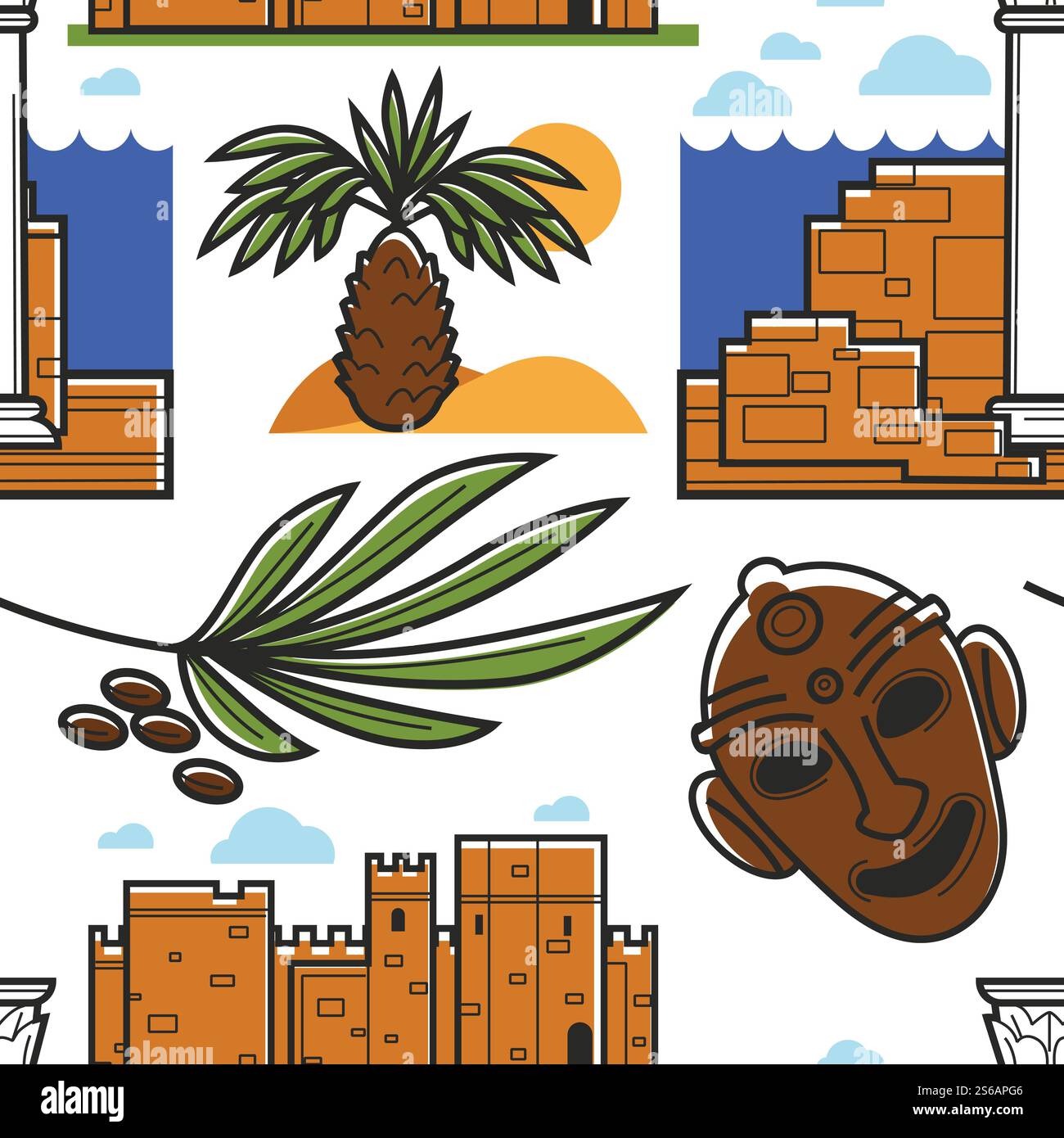 Palme e antiche rovine maschere e datteri simboli tunisini architettura e piante senza cuciture vecchio castello in mattoni e reliquia totem texture infinita cibo biologico e vegetazione carta da parati stampa. Simbolo della Tunisia, palma e antiche rovine mascherano e datteri Illustrazione Vettoriale