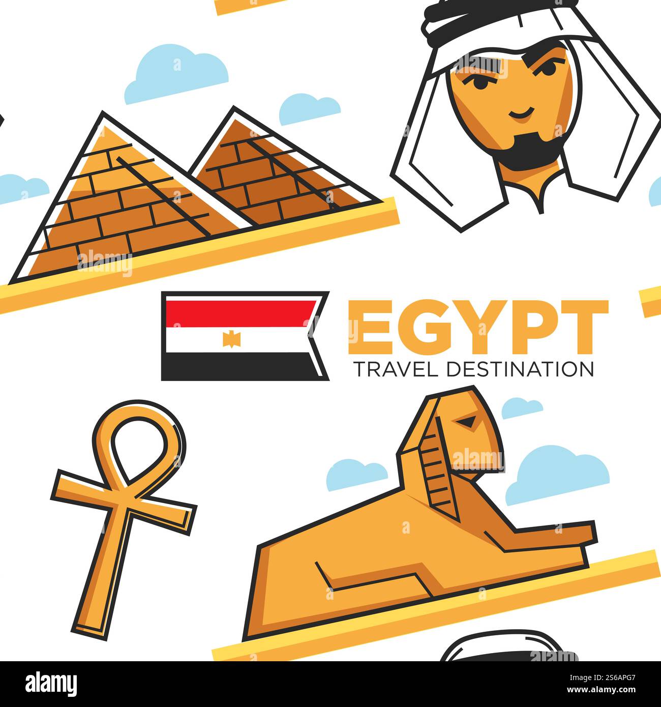 Sfinge egiziana e piramidi, architettura beduina e ankh egizia, motivo senza cuciture, famoso leone vettoriale con testa di faraone e antica tomba, abitante nel deserto e simbolo religioso, struttura infinita. Destinazione turistica Egitto Sfinge e piramide senza cuciture Illustrazione Vettoriale