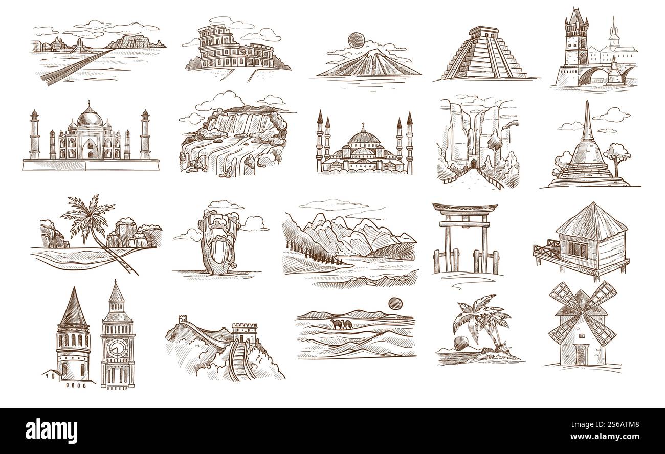 Luoghi di interesse e monumenti famosi edifici isolati o paesaggi disegnano il deserto vettoriale del Texas e il Coliseum Monte Fuji e la piramide Maya Taj Mahal, e la natura e l'architettura delle cascate del Niagara. Luoghi di interesse e monumenti famosi edifici isolati o schizzi di paesaggi Illustrazione Vettoriale