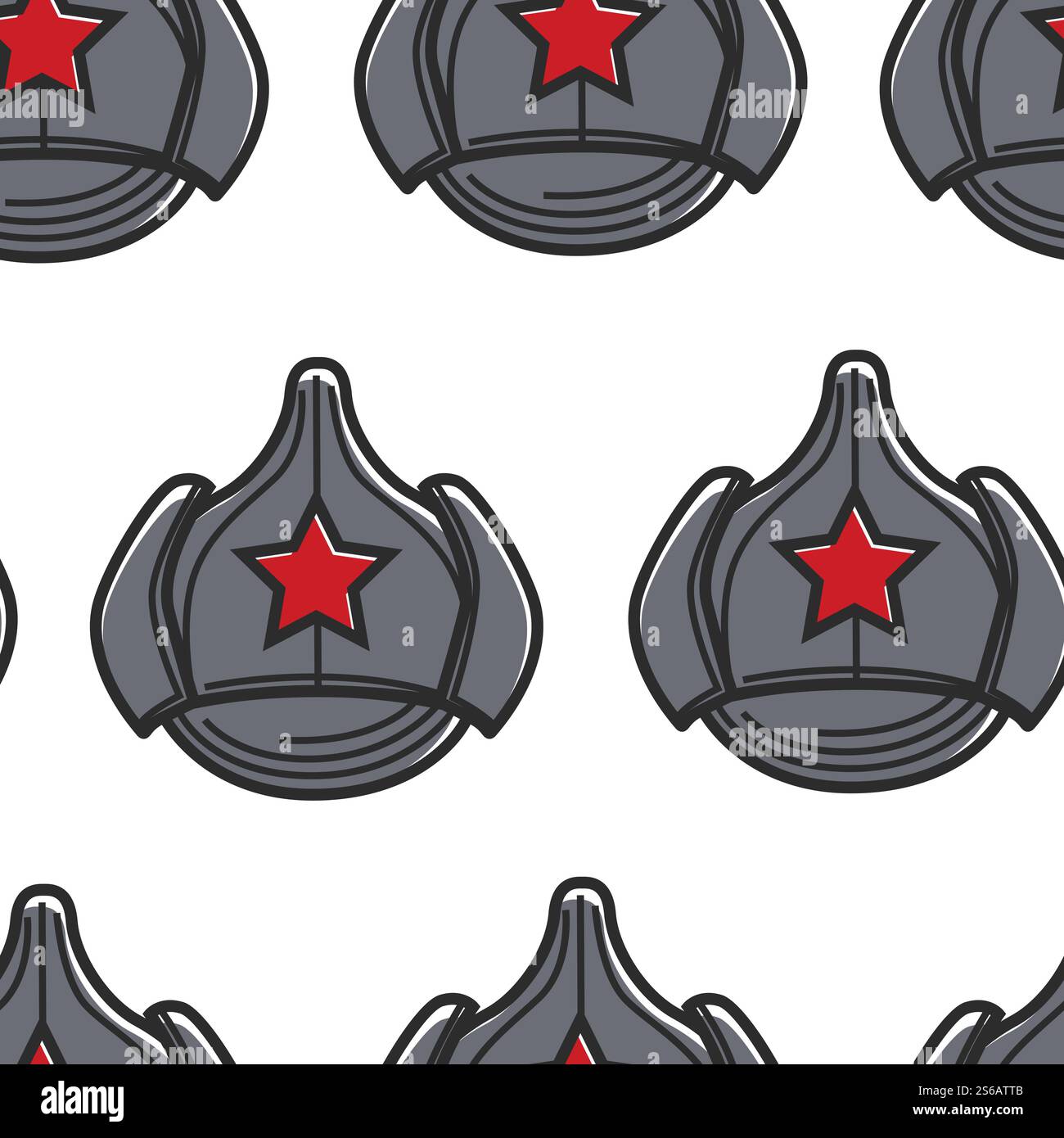 Cappello dell'Unione Sovietica o dell'URSS con copricapo retrò a stella rossa accessorio testa vettoriale motivo senza cuciture elemento di forma militare trama infinita, difesa militare militare militare militare militare militare o capitano equipaggiamento stampa su carta da parati. Cappello dell'esercito sovietico con copricapo retrò stella rossa senza cuciture Illustrazione Vettoriale