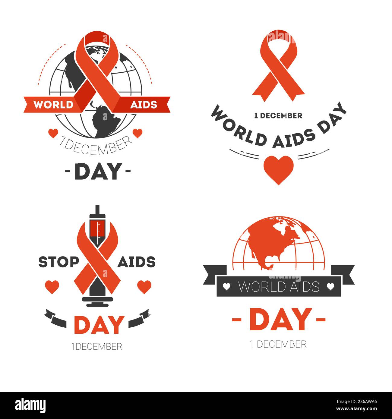 La striscia rossa aiuta giorno icone isolate malattia lotta carità e sostenere il sistema immunitario vettoriale, prevenzione delle malattie test del sangue e diagnosi solidarietà e aiutare pianeta e siringhe emblemi o logo. AIDS giorno icone isolate banda rossa o loop beneficenza Illustrazione Vettoriale