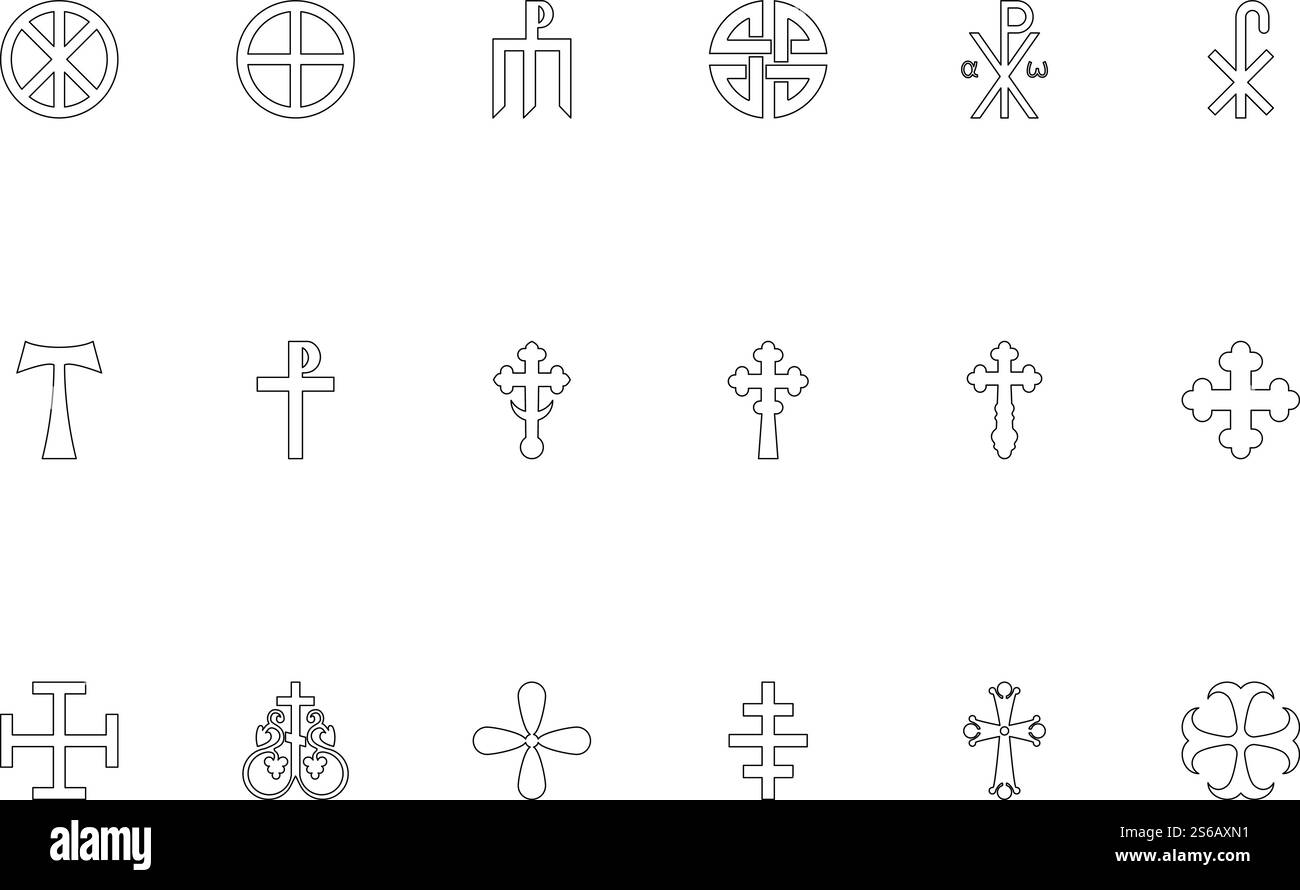 Illustrazione vettoriale stile contorno colore nero croce religiosa. Immagine di stile del contorno con set di colori neri incrociati religiosi Illustrazione Vettoriale