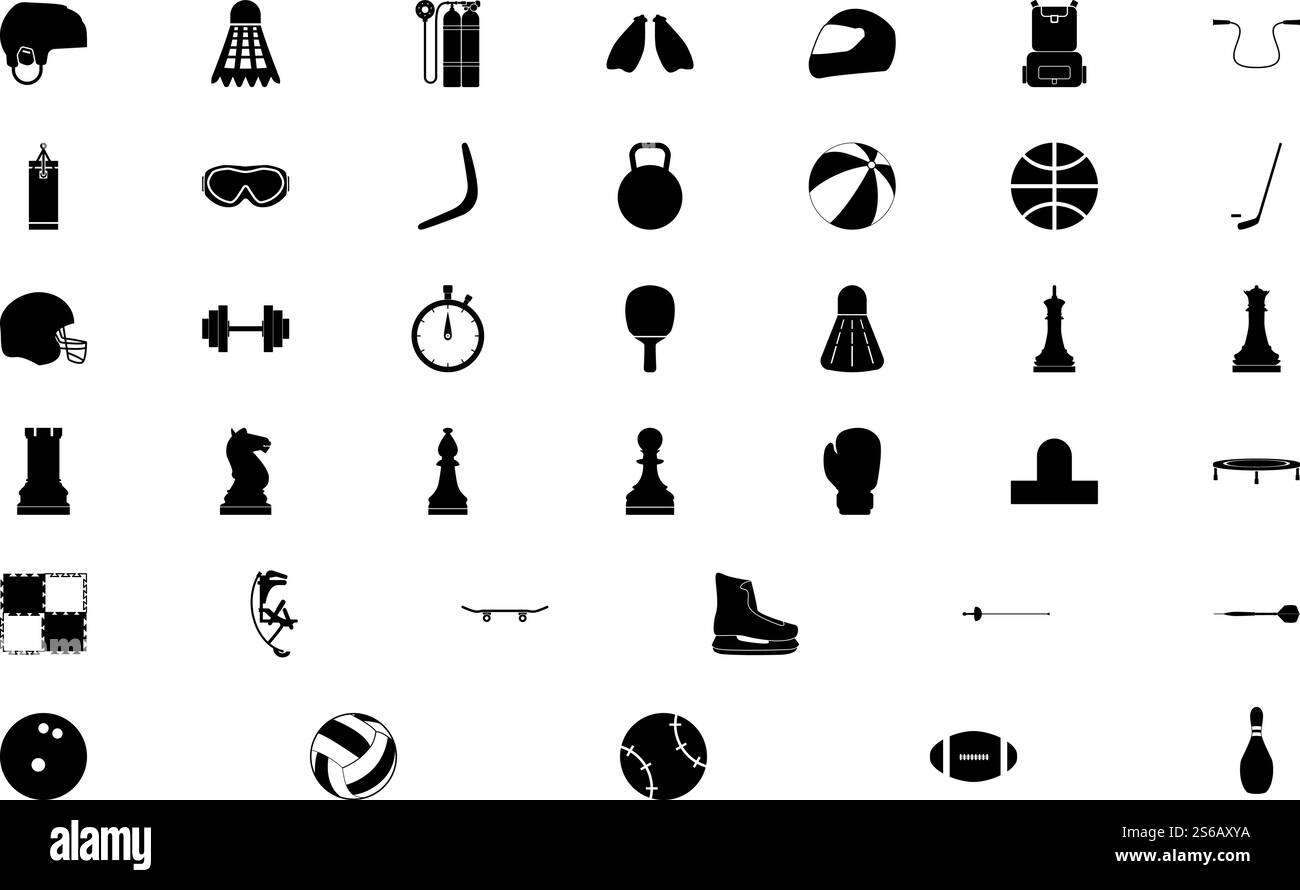 Accessorio sportivo, set di colori neri, illustrazione vettoriale in stile solido. Accessorio sportivo, colore nero, immagine in tinta unita Illustrazione Vettoriale