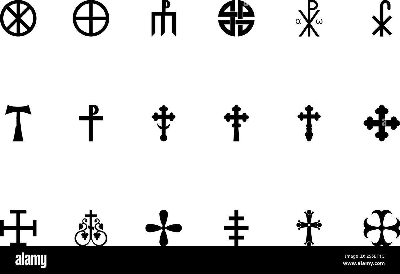 Illustrazione vettoriale in stile solido con set di colori neri incrociati religiosi. Immagine in tinta unita con croce di colore nero religioso Illustrazione Vettoriale