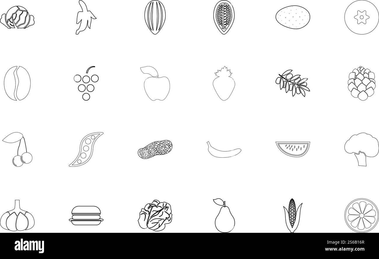 Illustrazione vettoriale stile contorno contorno colore nero per frutta e verdura. Immagine di stile contorno con set di colori neri per frutta e verdura Illustrazione Vettoriale