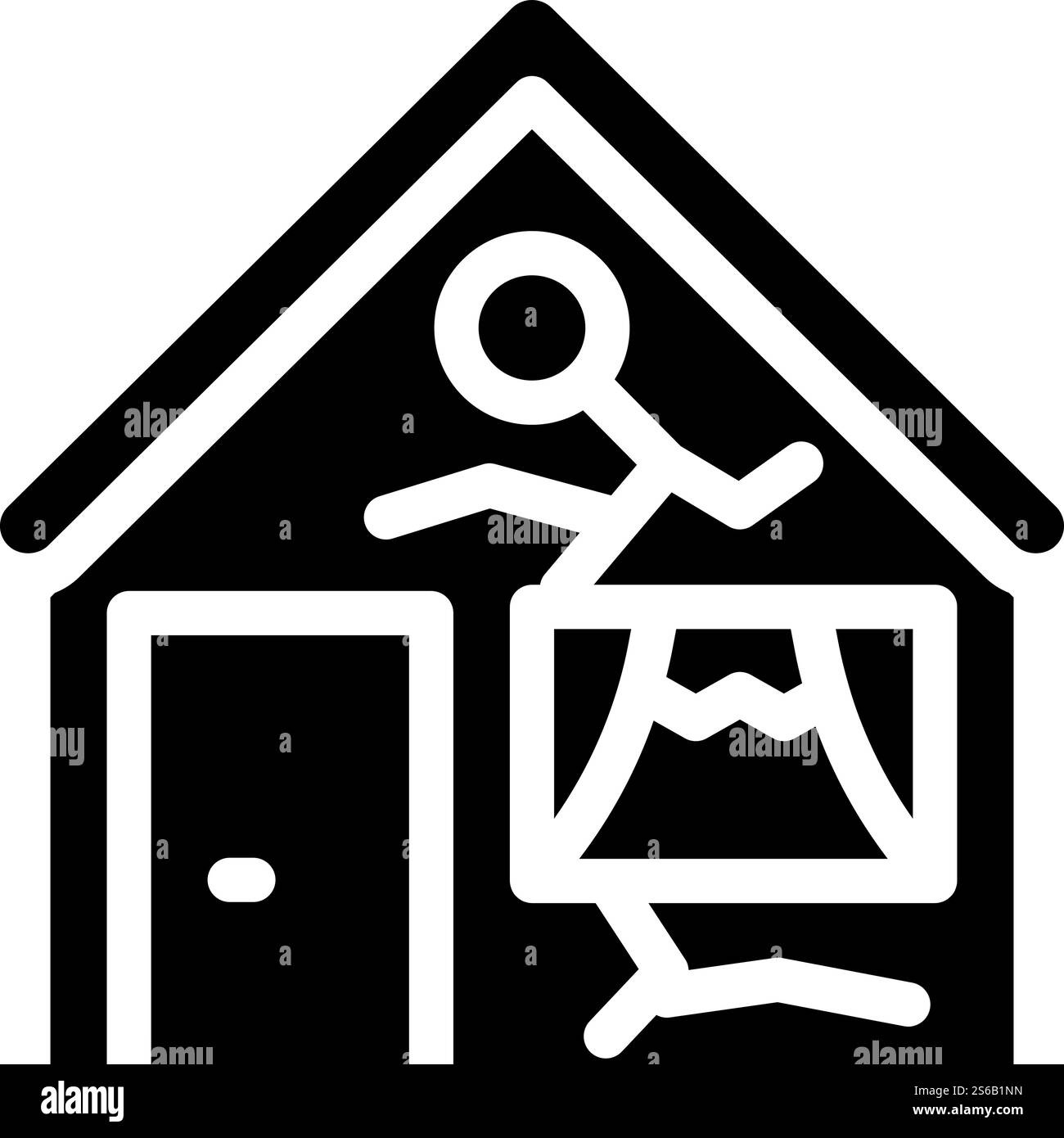 vettore dell'icona del glifo della casa danneggiato rotto. segnale della casa danneggiato rotto. illustrazione nera del simbolo del contorno isolato. illustrazione vettoriale dell'icona del glifo della casa danneggiata rotta Illustrazione Vettoriale