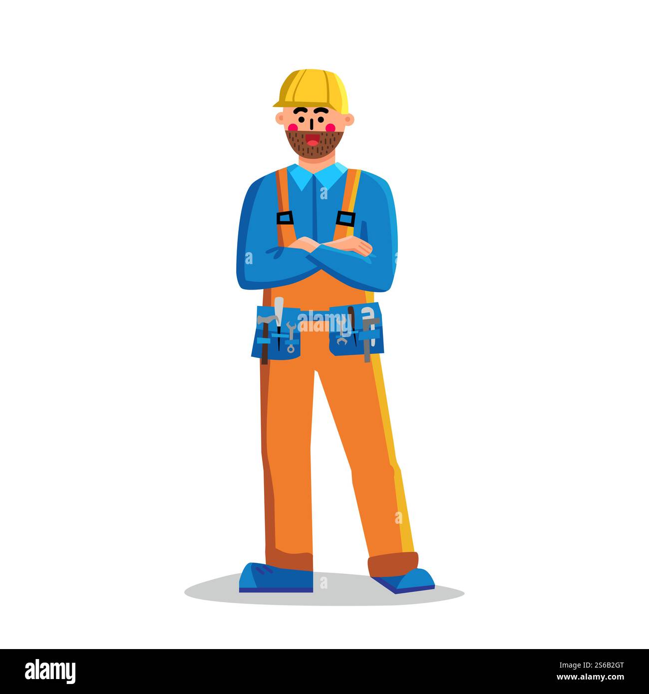 Foreman Building Worker Man ha attraversato Arms Vector. Caposquadra edile che indossa elmetto e uniforme con strumenti di riparazione in piedi con mani incrociate. Illustrazione del fumetto piatto dei caratteri. Foreman Building Worker Man ha attraversato Arms Vector Illustrazione Vettoriale