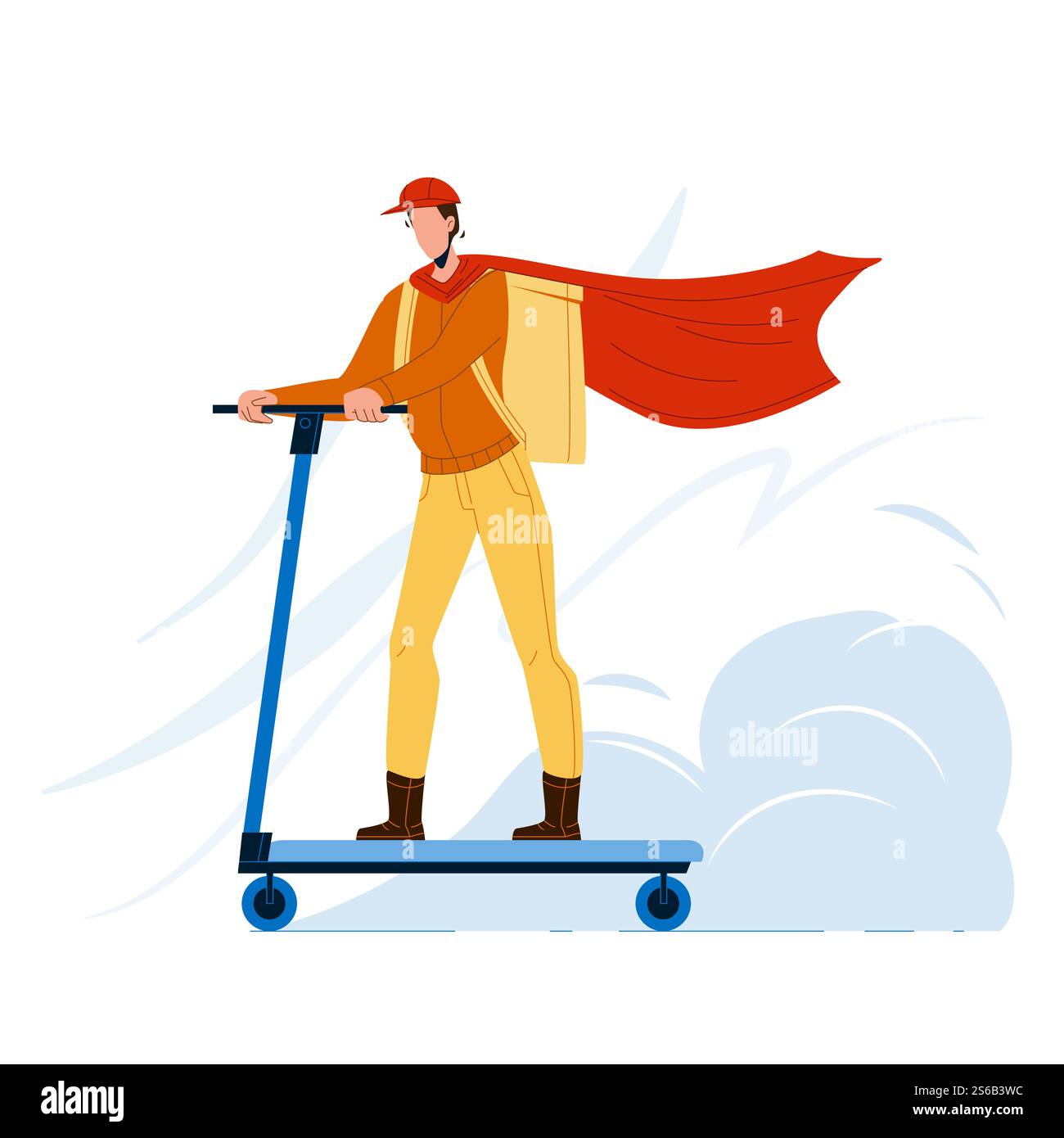 Corriere uomo a cavallo Scooter Delivery Service Vector. Corriere con scatola e abbigliamento rosso per la consegna dell'ordine al cliente. Illustrazione di cartoni animati piatti per il trasporto urbano elettrico di Character Ride. Corriere uomo a cavallo Scooter Delivery Service Vector Illustrazione Vettoriale