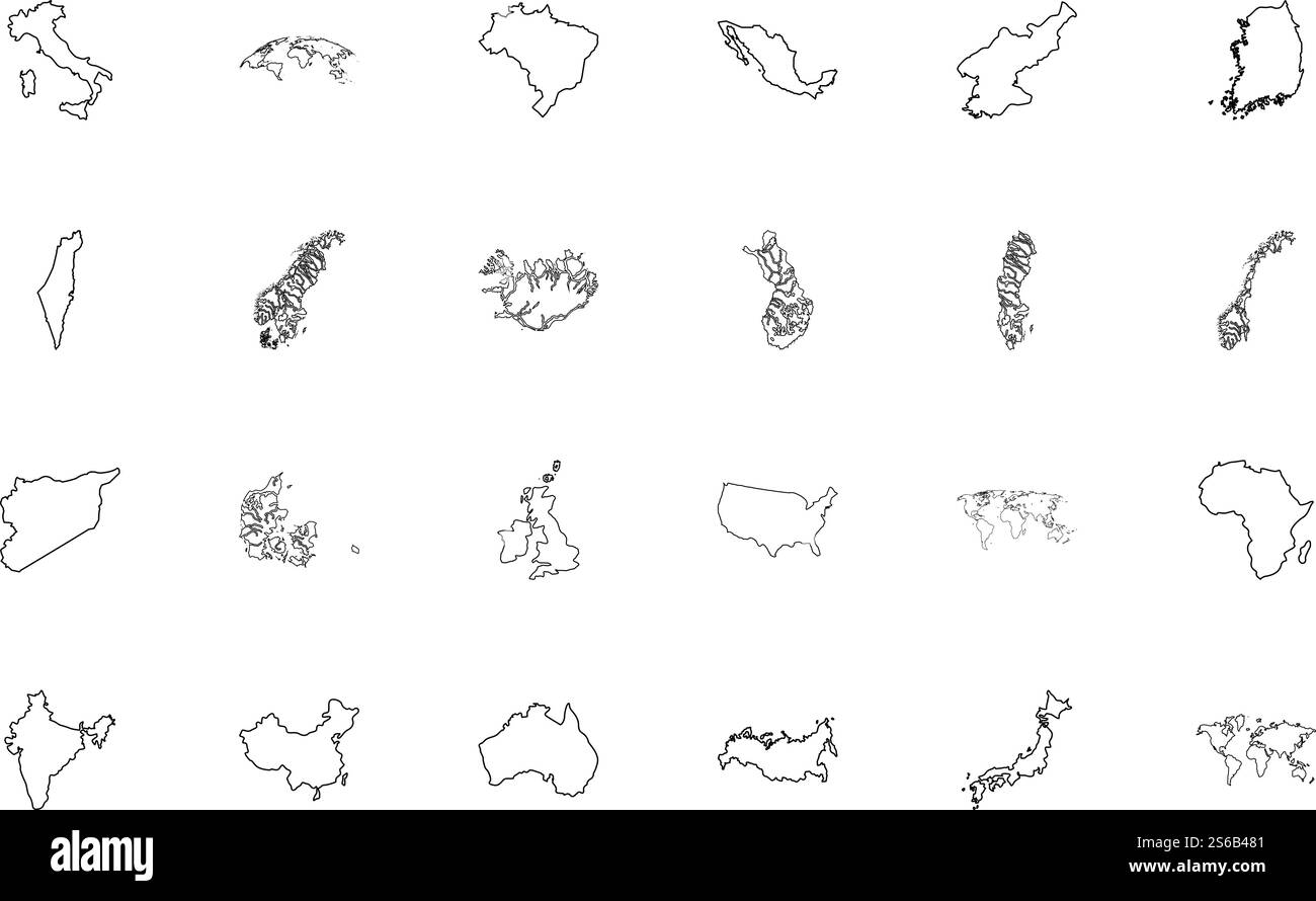 Mappa colore nero Imposta immagine vettoriale stile contorno. Mappa l'immagine in stile contorno del set di colori neri Illustrazione Vettoriale