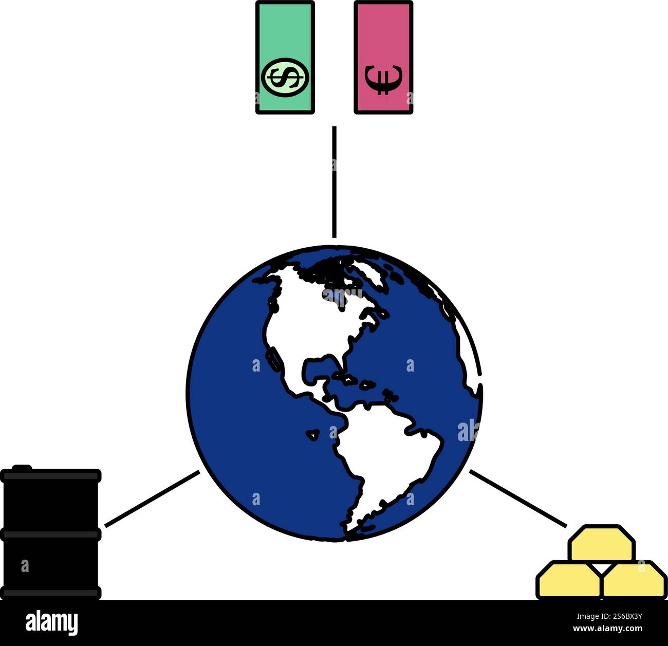 Olio, Dollaro e Oro con l'icona Planet Concept. Contorno modificabile con disegno riempimento colore. Illustrazione vettoriale. Illustrazione Vettoriale