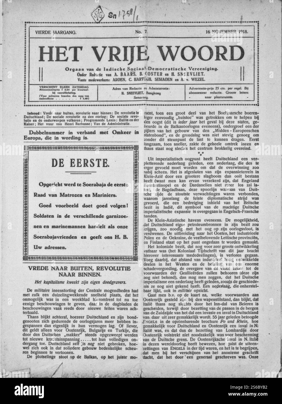 Prima pagina di Het Vrije Woord 16 novembre 1918. Foto Stock