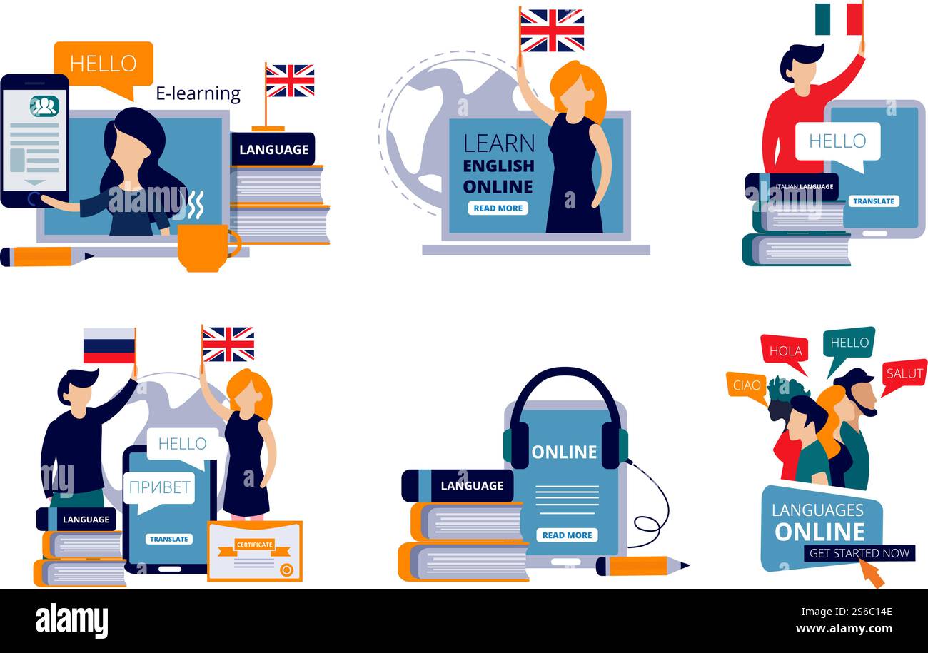 Corsi di lingua. I caratteri vettoriali studiano diverse lingue inglese italiano cinese nelle illustrazioni concettuali del centro di formazione. Studiare la distanza linguistica, i corsi di insegnamento e la formazione. Corsi di lingua. I caratteri vettoriali studiano diverse lingue inglese italiano cinese nelle illustrazioni concettuali del centro di formazione Illustrazione Vettoriale