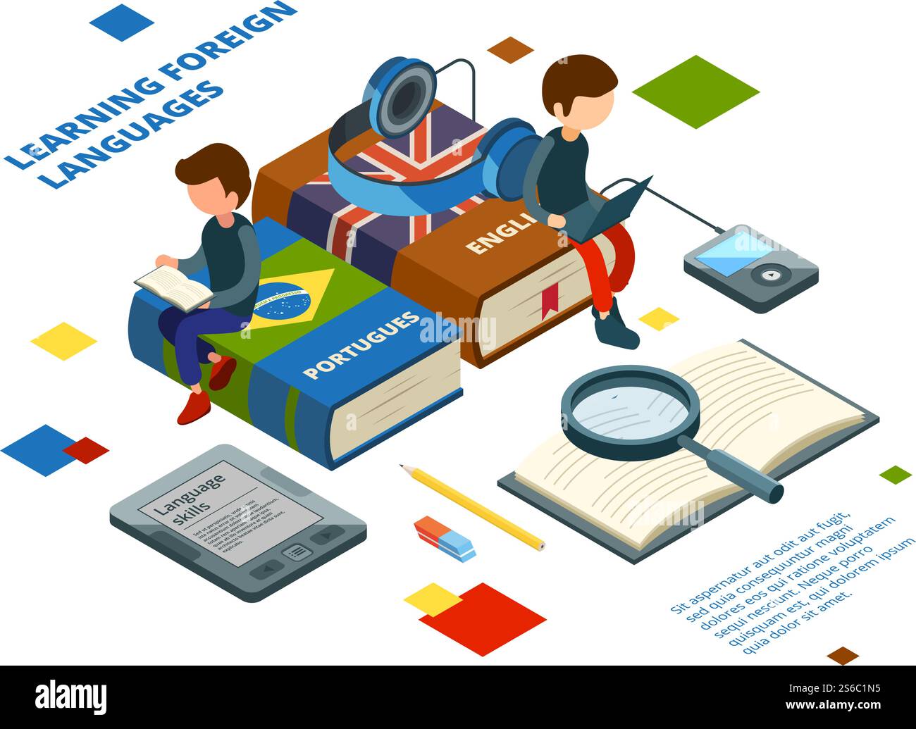 Studiando lingue straniere. Libri vocabolario e studenti parlano su varie lingue concetto isometrico vettoriale di apprendimento online. Illustrazione di uno studio studentesco con vocabolario e dizionario. Studiando lingue straniere. Libri vocabolario e studenti parlano su varie lingue concetto isometrico vettoriale di apprendimento online Illustrazione Vettoriale