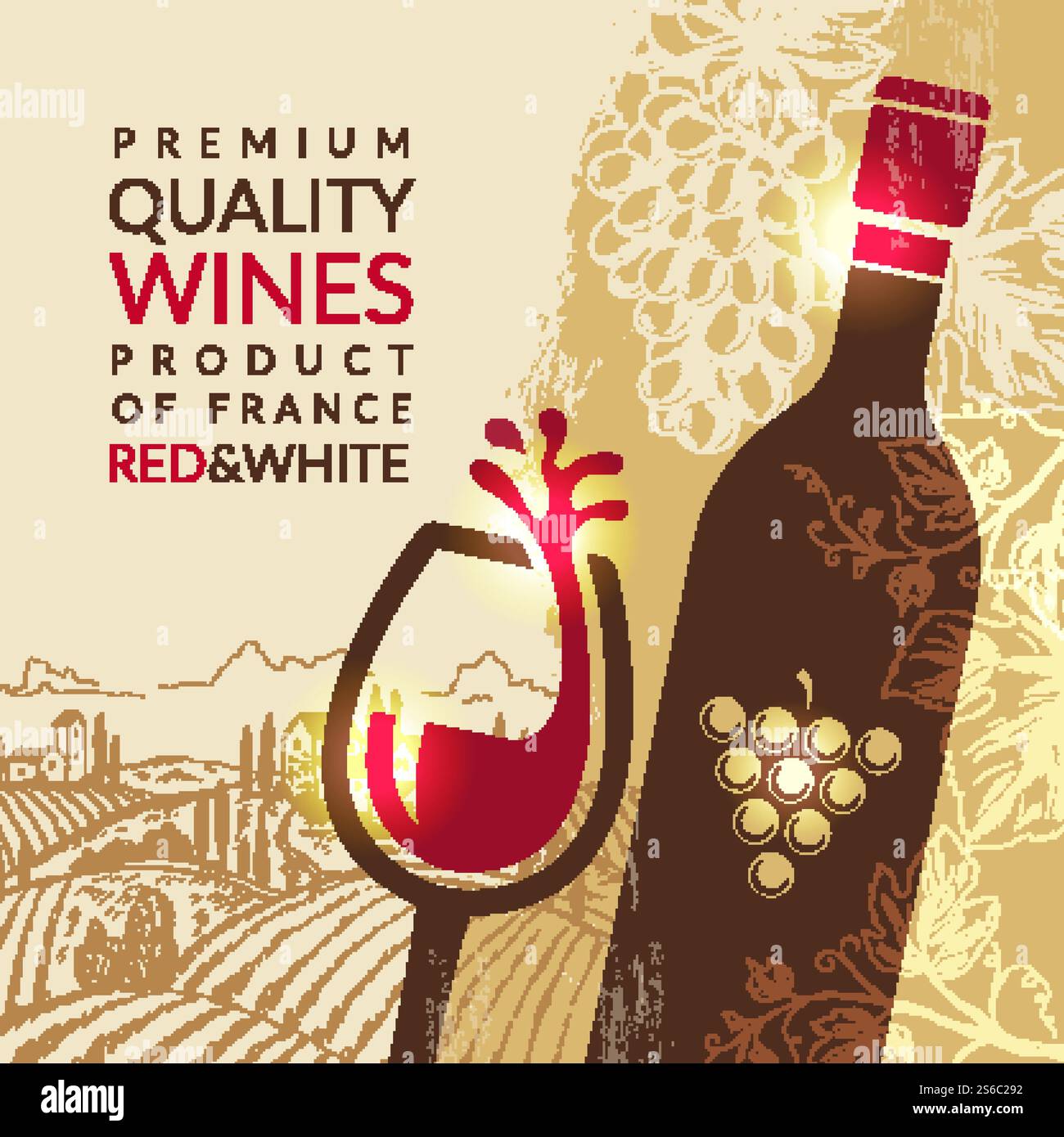 Poster del vino. Cartellone vintage con immagini di uva e paesaggio dei vigneti immagine vettoriale per il design del menu del ristorante bistrot. Bottiglia di vino e illustrazione del banner del menu dell'azienda vinicola. Poster del vino. Cartellone vintage con immagini di uva e paesaggio dei vigneti immagine vettoriale per il design del menu del ristorante bistrot Illustrazione Vettoriale
