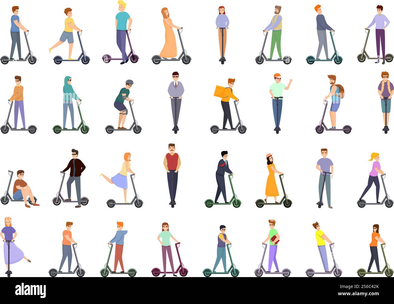 Set icone scooter elettrico. Cartoni animati con icone vettoriali per scooter elettrici per il web design. Set icone scooter elettrico, stile cartoni animati Illustrazione Vettoriale