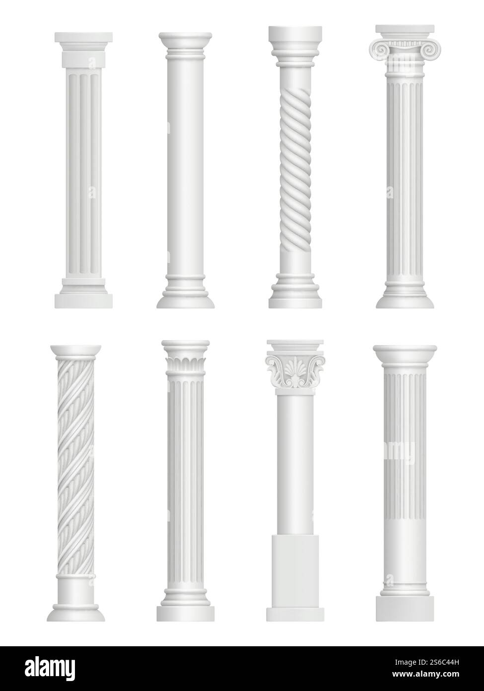 Colonne antiche. Colonna barocca per facciata in stile architettonico romano collezione vettoriale realistica. Costruzione architettonica, pilastro antico greco per illustrazione di edifici. Colonne antiche. Colonna barocca per facciata in stile architettonico romano collezione vettoriale realistica Illustrazione Vettoriale