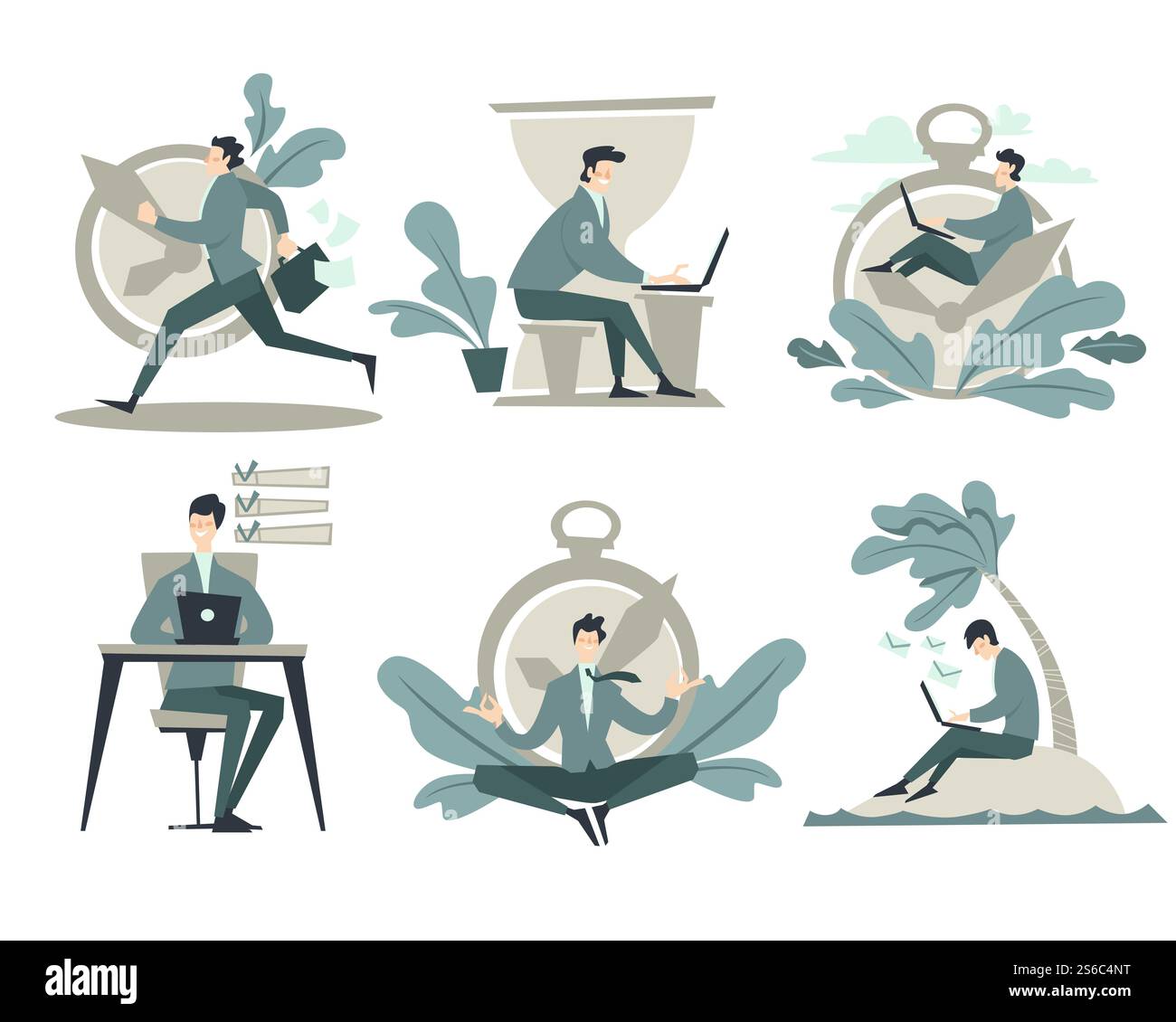 Gestione del tempo, uomo d'affari che lavora, orologio o timer e clessidra, vettore di icone isolate. Pianificazione e controllo, uomo d'affari efficiente e di successo con notebook, affrettati e meditazione. Uomo d'affari che lavora, gestione del tempo, orologio o timer e clessidra Illustrazione Vettoriale