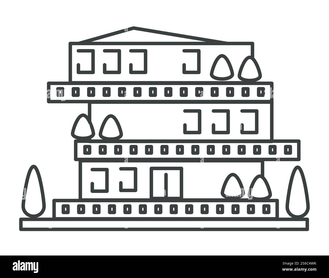 Vettore icona lineare isolato proprietà e alloggio. Casa o casa, condominio residenziale con balcone e piante. Guesthouse o hotel, compravendita immobiliare, costruzione suburbana. Casa Icon isolata, edificio residenziale con balcone Illustrazione Vettoriale