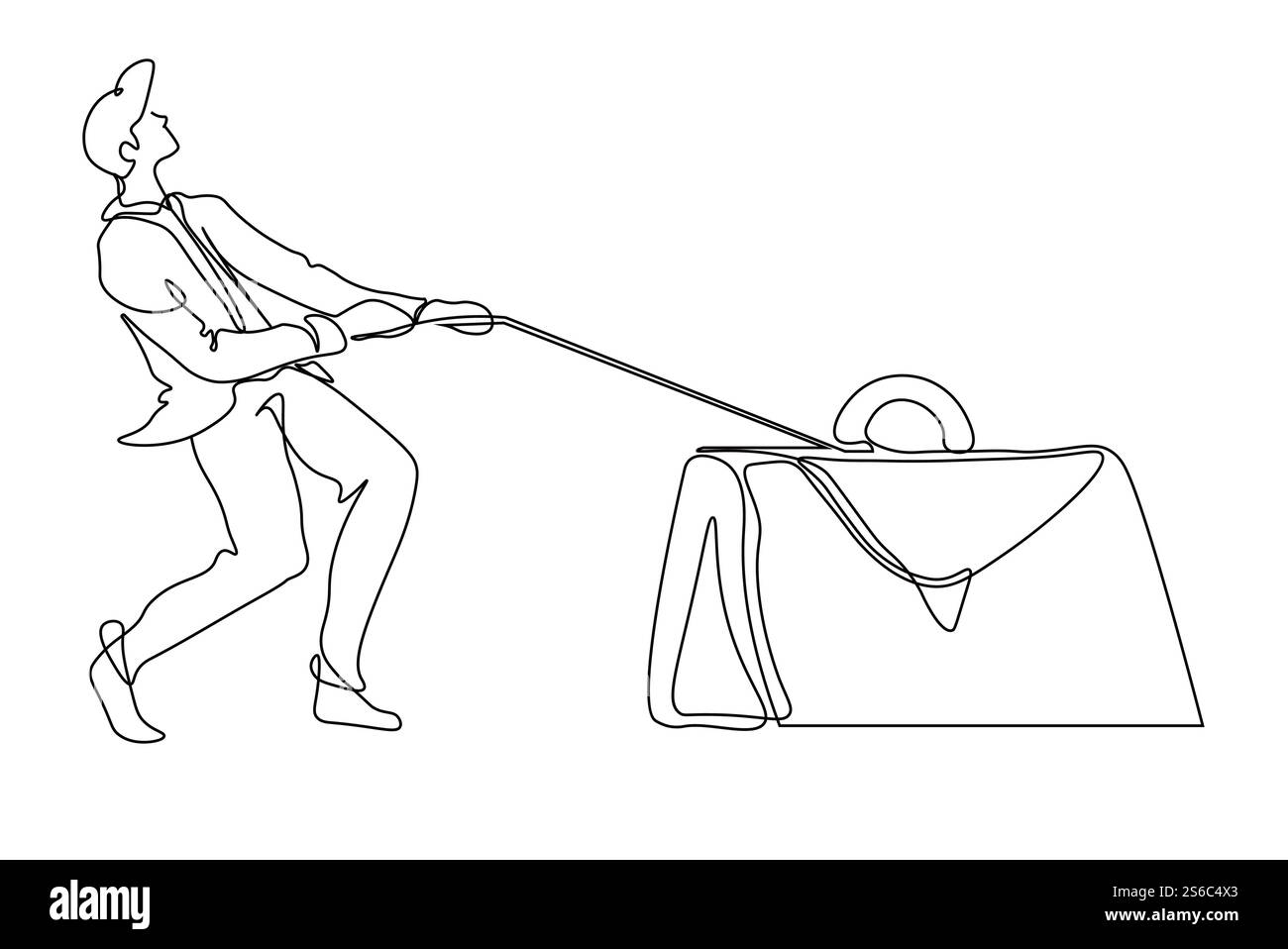 Uomo d'affari che trascina un'enorme valigetta lineart un vettore di disegno di linee isolate. Affari e disagi, avvocato e documenti, lavoro eccessivo e carico di lavoro. Borsa di estrazione per dipendenti, personaggio maschile. Uomo d'affari che trascina l'icona del contorno isolato della valigetta pesante Illustrazione Vettoriale