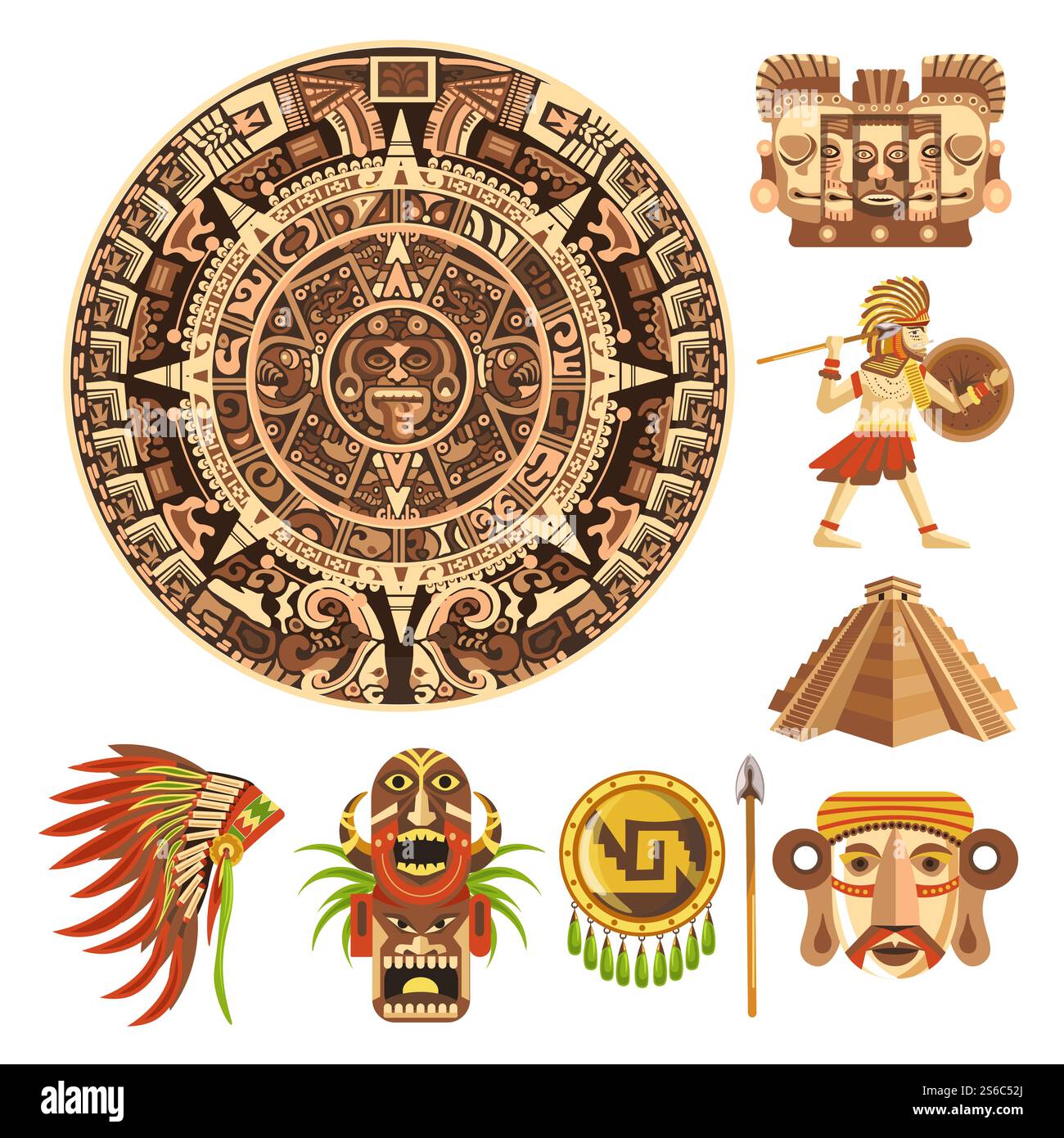 Calendario Maya, cultura Maya o azteca, storia messicana, vettori di icone isolate. Antica religione, pietra solare tribale e piramide. Maschere e sculture facciali, cappello da guerriero e piuma, scudo e lancia. Cultura Maya o azteca, calendario Maya, storia messicana Illustrazione Vettoriale
