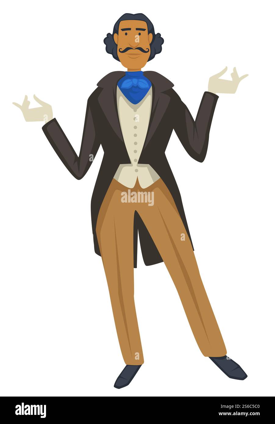 Stile Biedermeier, uomo in giacca e guanti con capo collo e vettore di baffi. Moda antica, carattere maschile in abiti vintage, gilet e pantaloni. Nobile o gentiluomo in abiti retrò. Uomo in giacca e guanti con capo collo, stile alla moda Biedermeier Illustrazione Vettoriale