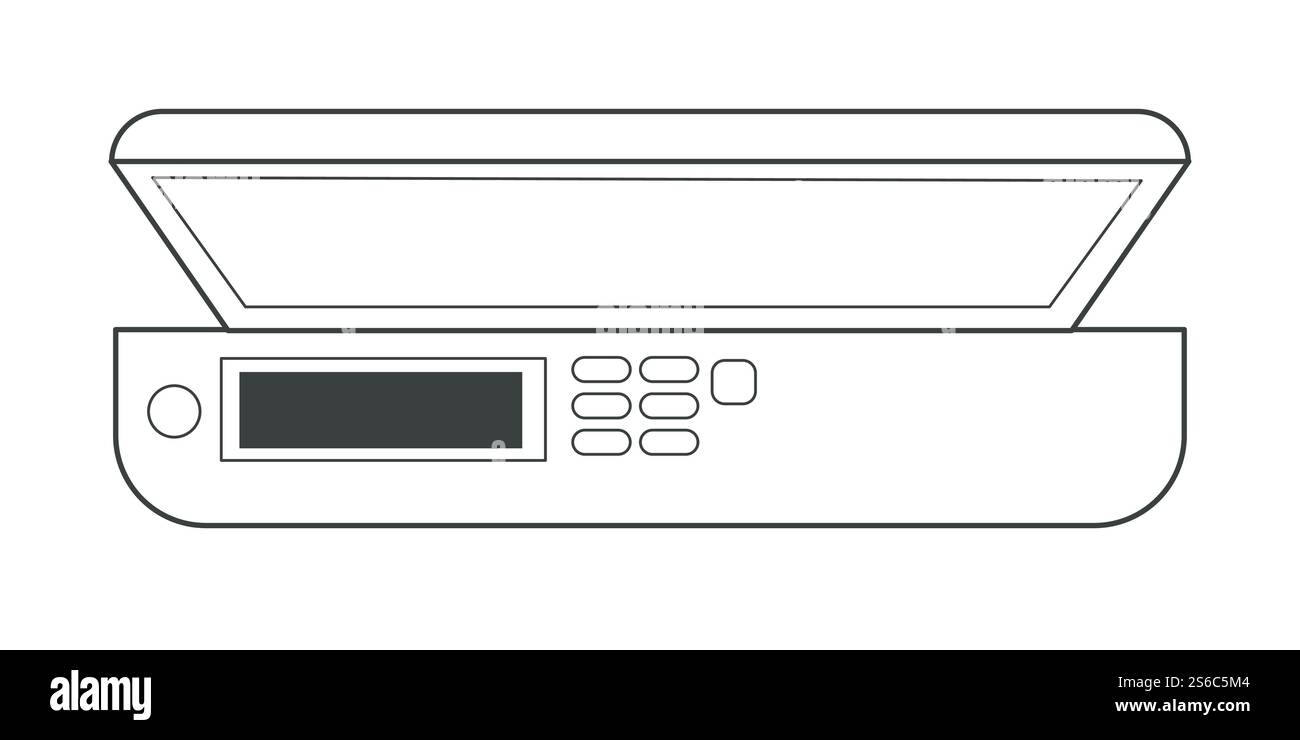 Dispositivo elettronico dello scanner, apparecchiatura dello studio di stampa o tipografia, vettore di icone isolato. Ufficio stampa documenti o copie cartacee, fotocopiatrice aziendale. Fax moderno, dispositivo di scansione digitale, fotocopiatrice. Ufficio stampa, dispositivo elettronico scanner, studio di stampa o tipografia Illustrazione Vettoriale