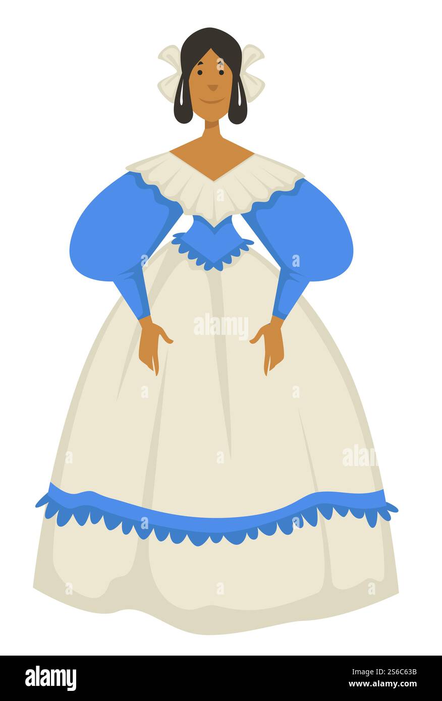 Stile Biedermeier, donna in abito da palla, antica moda tedesca isolata vettore di caratteri femminili. Abiti vintage, abito con corsetto con decorazioni e decollete. Pizzo e fiocchi in capelli, abbigliamento retrò, principessa. Donna con abito o abito da ballo, stile Biedermeier, stile antico Illustrazione Vettoriale