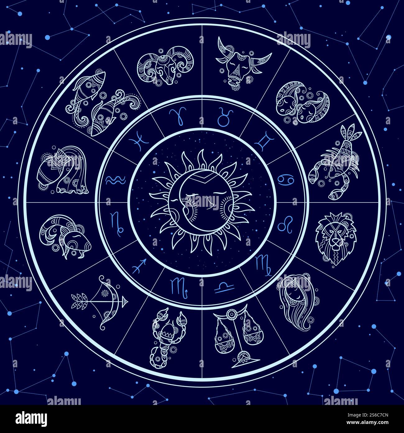 Circolo astrologico. Infografica magica con simboli zodiacali gemini oroscopi pesci ruota gemini aries modello vettoriale leone. Oroscopo e zodiaco, acquario e gemini, capricorno e illustrazione leone. Circolo astrologico. Infografica magica con simboli zodiacali gemini oroscopi pesci ruota gemini aries modello vettoriale leone Illustrazione Vettoriale