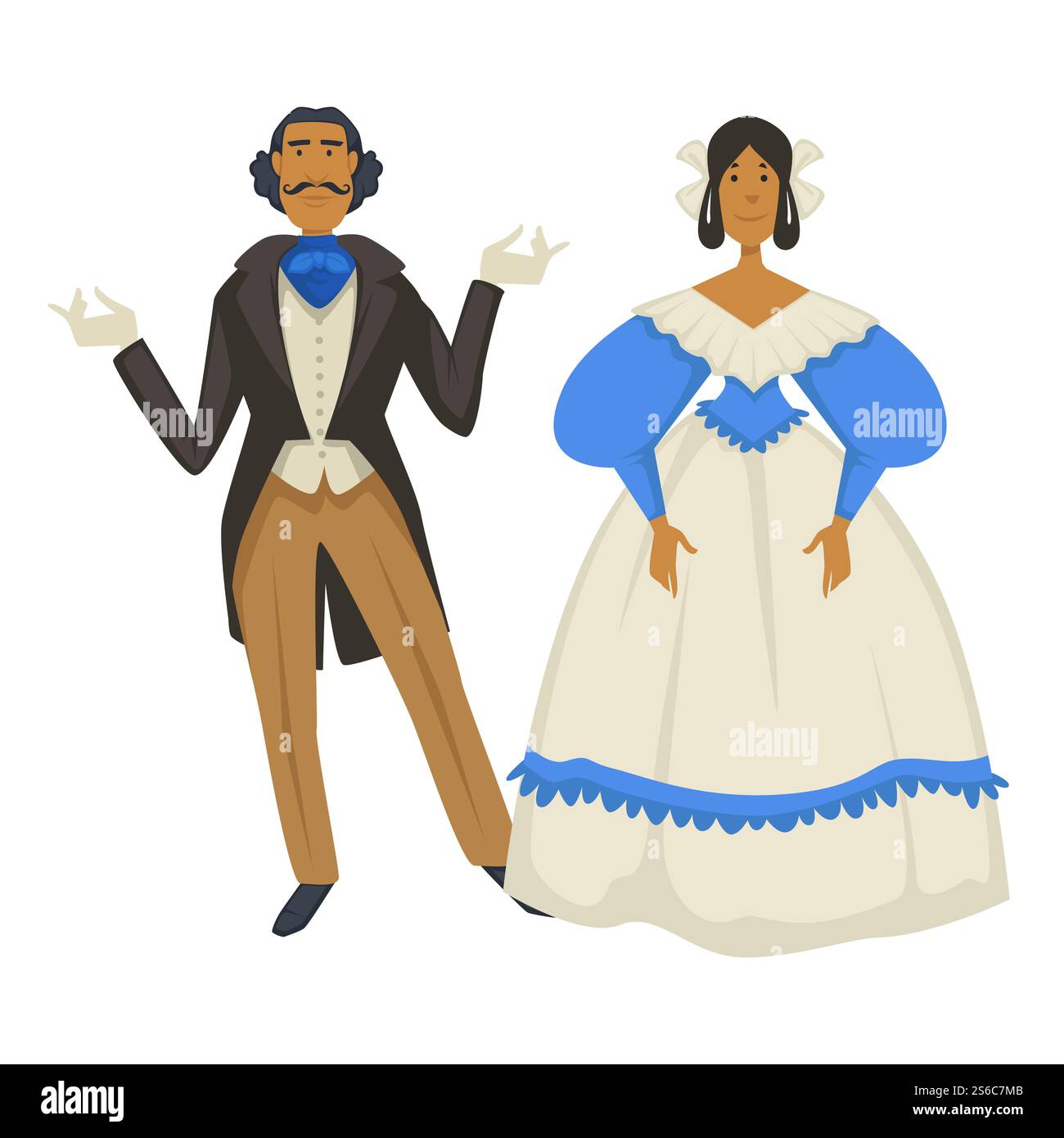 Stile Biedermeier, uomo in giacca e guanti, donna in abito da palla vettoriale. Moda antica, coppia o famiglia, abiti tradizionali, corsetto e scollo. Pizzo e fiocco in capelli, abito vintage. Moda vintage, stile Biedermeier, uomo e donna in abiti retrò Illustrazione Vettoriale