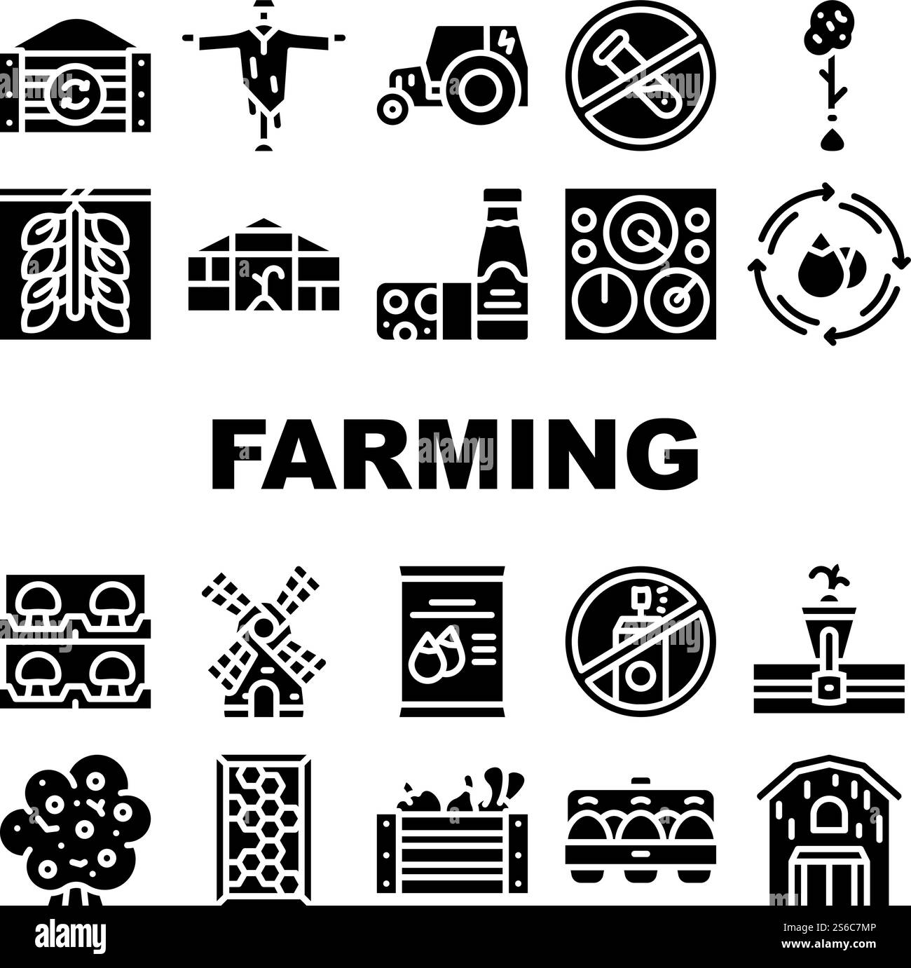 Icone della raccolta Eco Farming biologica Set Vector. Trattore elettrico e mulino, serra biologica e fienile, prodotti lattiero-caseari e uova pittogrammi glifici illustrazioni nere. Icone della raccolta Eco Farming biologica Set Vector Illustrazione Vettoriale