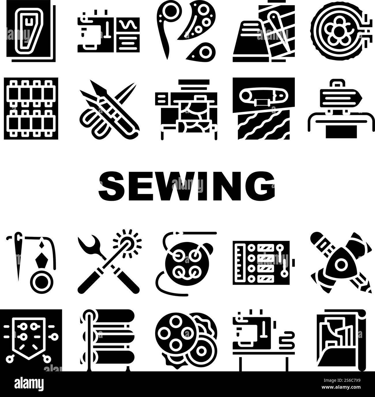 Le icone della collezione Sewing Craft Studio Set Vector. Macchina da cucire e forbici attrezzature, modello e ditale con filettatura, perno e tela glifi pittogrammi illustrazioni nere. Le icone della collezione Sewing Craft Studio Set Vector Illustrazione Vettoriale