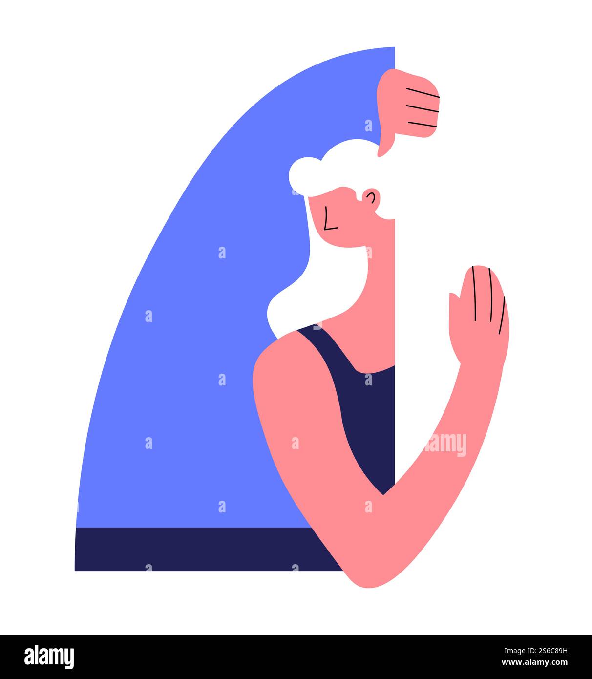 Donna con finestra sul muro che guarda fuori dall'appartamento d'angolo ragazza che guarda la strada dalla sera piatta nella grande città o in città carattere femminile, con lunghi capelli biondi che respirano aria fresca clima ventoso. Donna che guarda fuori dall'angolo della finestra, personaggio isolato Illustrazione Vettoriale