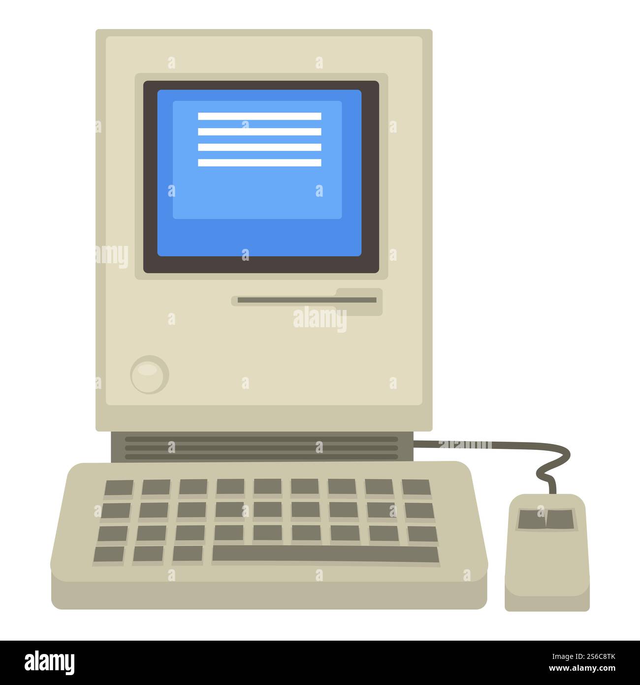 Tecnologie degli anni '80, vecchio computer, schermo e tastiera con mouse, vettore di rarità. Dispositivo rétro con schermo blu, pc vintage. Hardware e software, sistema operativo, sviluppo di componenti elettronici degli anni '1980. Vecchio computer, tecnologie degli anni '80, schermo e tastiera con mouse Illustrazione Vettoriale