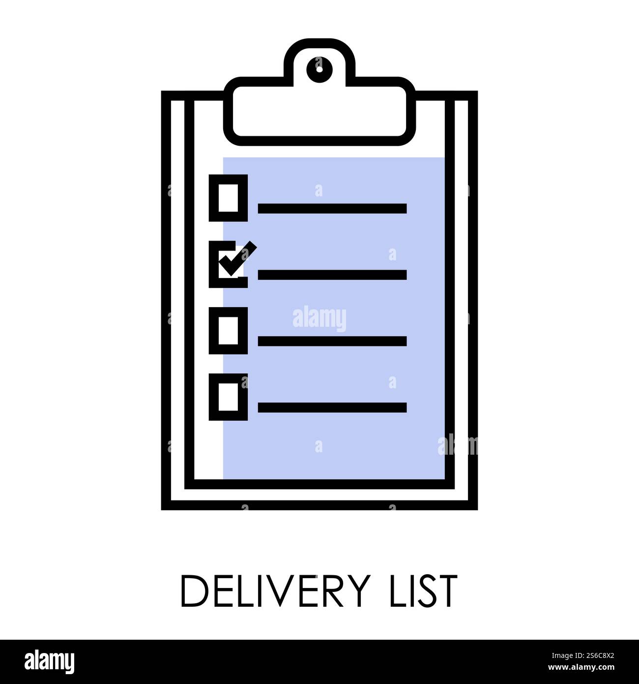 Icona isolata elenco di distribuzione lineare, vettore simbolo contorno logistico. Ordine di spedizione e trasporto carta, blocco note e foglio con segni di spunta, documento. Trasporto di documenti, documenti cartacei. Elenco di consegna icona isolata, logistica e trasporti, blocco note Illustrazione Vettoriale