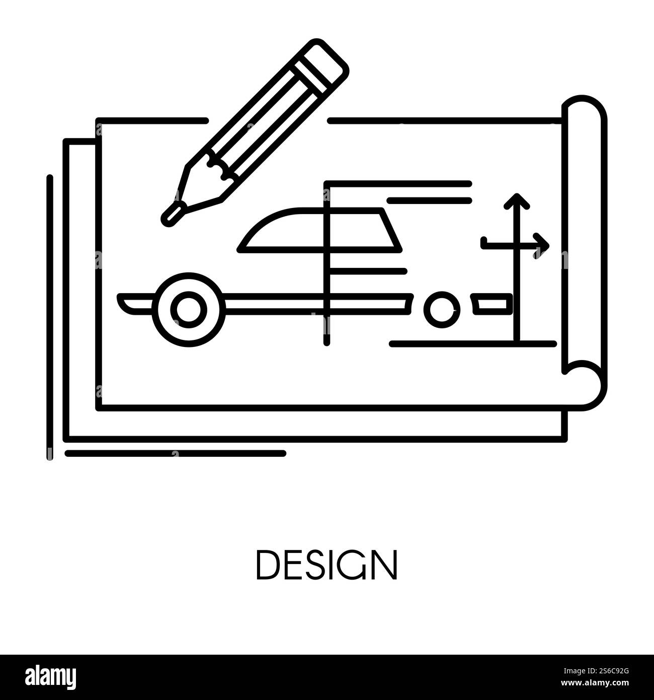 Disegno di ingegneria meccanica, design tecnico - icona contorno isolato. Progetto industriale, struttura automobilistica, tecnologia e sviluppo di macchinari. Schizzo del veicolo, struttura a reticolo, prototipo o schema del modello. Icona isolata di progettazione tecnica dell'auto, disegno di progettazione meccanica Illustrazione Vettoriale
