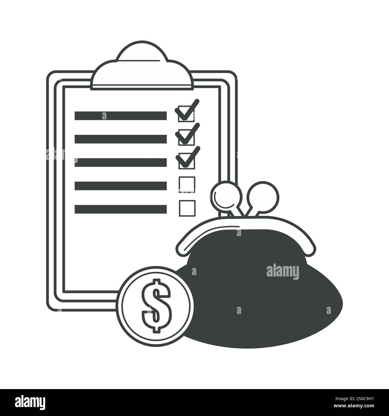 Elenco di controllo sul blocco note con portamonete e portamonete. Icone isolate in formato piatto, carta incolore con segni di spunta nell'elenco. Moneta nazionale americana, analisi finanziaria e strategia monetaria. Checklist sul blocco note con borsetta e moneta da un dollaro Illustrazione Vettoriale