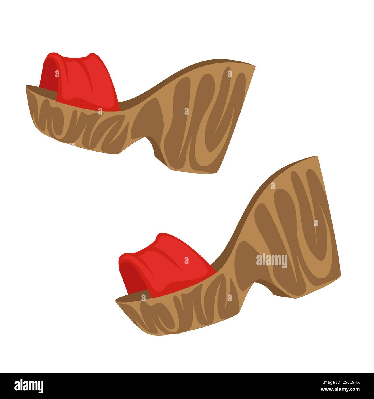 Zoccoli da donna con tacco alto in stile anni '1970 isolati vettoriali. Modello classico alla moda anni '70, accessorio vintage femminile, elemento guardaroba. Suola in legno, indumento o paio elegante, shopping retrò. modello anni '1970, paio di zoccoli, scarpe da donna con tacco alto Illustrazione Vettoriale