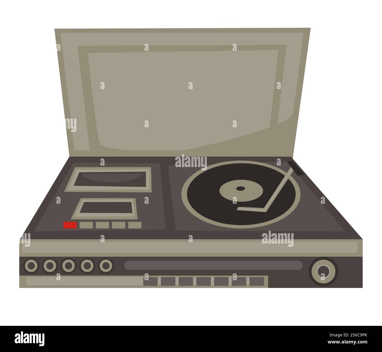 Lettore di dischi e cassette in vinile, pannello DJ degli anni '70, pulsanti vettore di oggetti isolati. sviluppo di attrezzature, musica e tecnologie per feste in discoteca anni '1970. Riproduzione di brani o registrazioni, dispositivo elettrico vintage. Pannello DJ degli anni '70, lettore di dischi in vinile e cassette, pulsanti Illustrazione Vettoriale