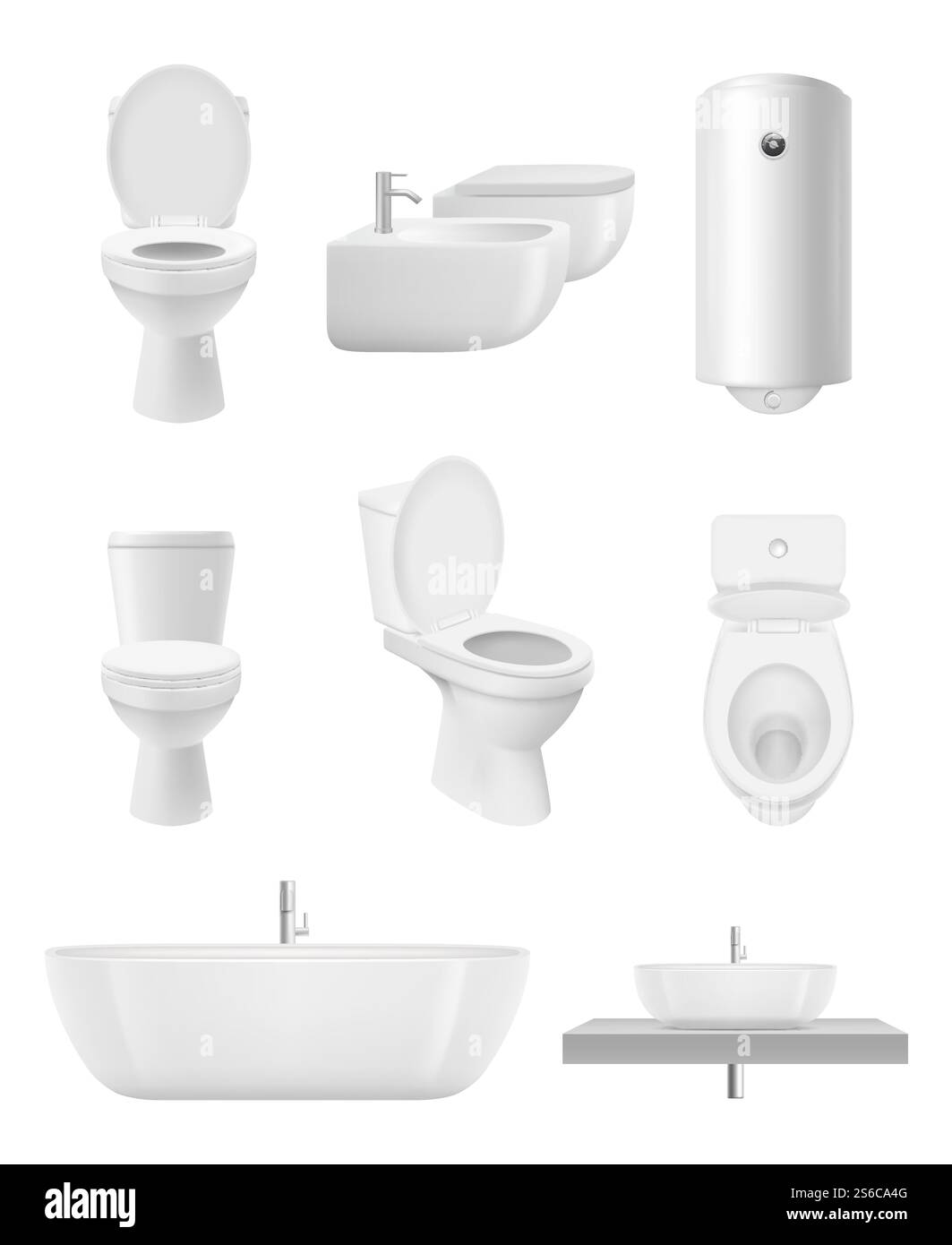 Oggetti per il bagno. WC, lavandino, doccia, vasca, collezione realistica. WC e bagno, bagno igienico, lavello illustrazione in ceramica. Oggetti per il bagno. WC, lavandino, doccia, vasca, collezione realistica Illustrazione Vettoriale