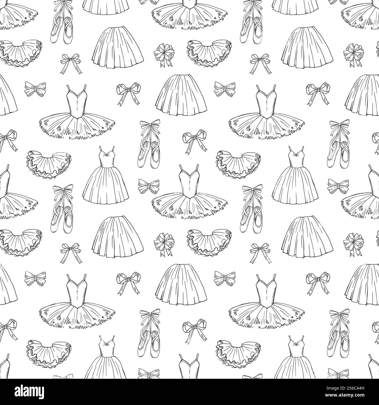 Abiti da balletto vettoriale disegnati a mano e scarpe con motivo senza cuciture. Abito da ballo e tutu, gonna illustrazione classica. Abiti da balletto vettoriale disegnati a mano e scarpe con motivo senza cuciture Illustrazione Vettoriale