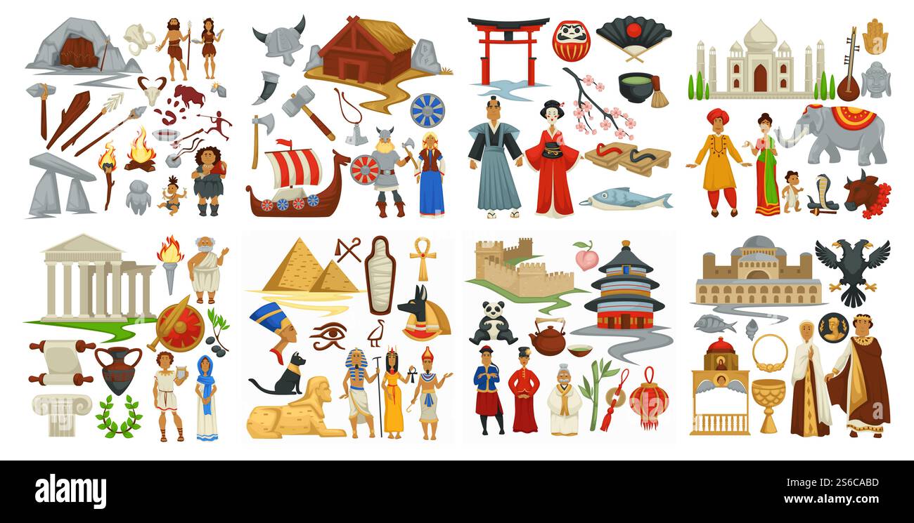 Cultura e simboli del vettore greco e giapponese, cinese e antichità. Grotta e strumenti usati in epoche antiche. Architettura della cina e dell'india. Drakkars e vikings Times. Taj mahal e cancello torru. Cultura e simboli di greco e giapponese, cinese e antichità Illustrazione Vettoriale