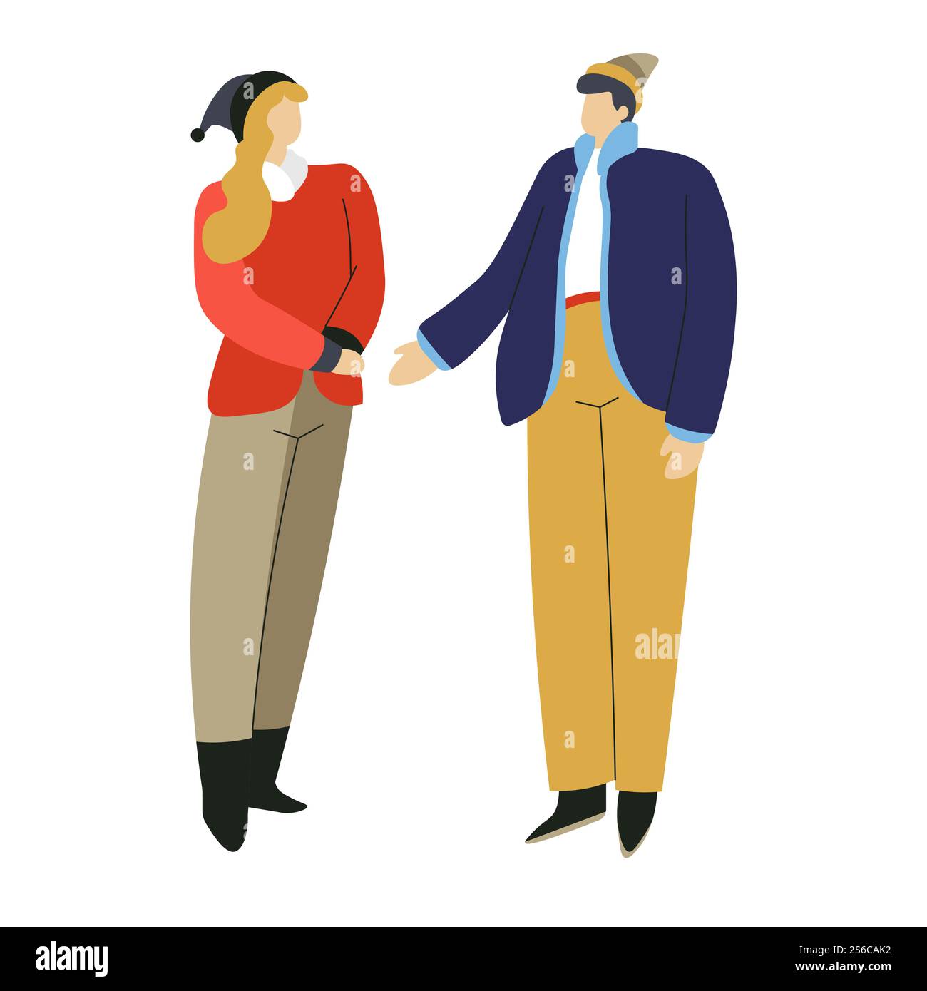 Coppia in abiti invernali, uomo e donna che indossano abiti caldi per la stagione più fredda e personaggi isolati vettoriali. Moda cittadina, abbigliamento per passeggiate all'aperto insieme. Periodo natalizio, vacanza o vacanza. Uomo e donna in abiti invernali, coppia che indossa abiti caldi Illustrazione Vettoriale