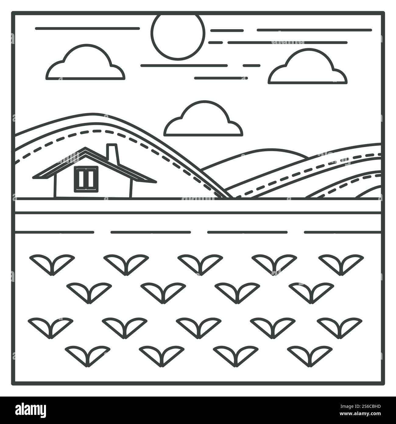 Paesaggio con campo di grano o orto, casa di paese e colline delineano vettore di disegno. Campagna agricola rurale con edifici e piante. Raccolto o raccolto e costruzione suburbana. Disegno di case e campi, paesaggio del villaggio, campagna rurale Illustrazione Vettoriale