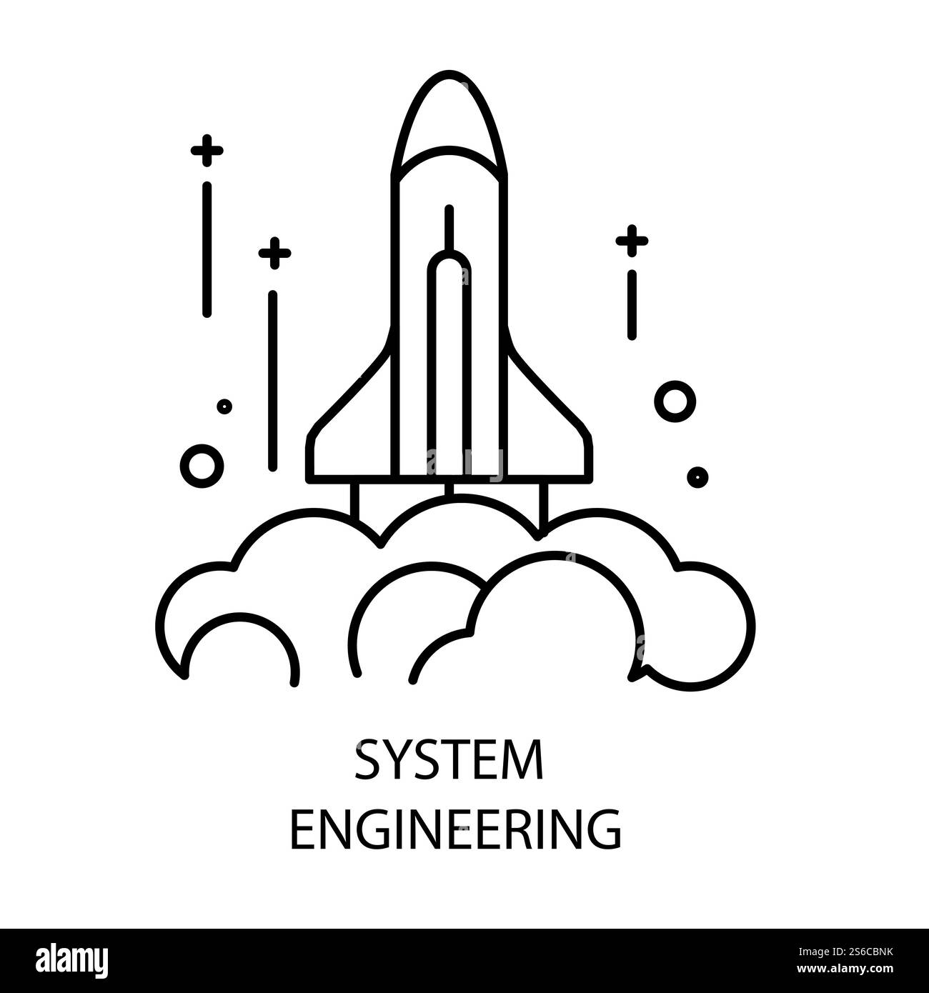 Vettore di icone con profilo isolato per il lancio dei razzi e la progettazione dei sistemi. Bozza o schizzo, inizio astronave, emblema o logo delle tecnologie spaziali e di costruzione. Progetto o piano di meccanismi interni, scienza. Icona di contorno isolata di progettazione del sistema e lancio dei razzi Illustrazione Vettoriale